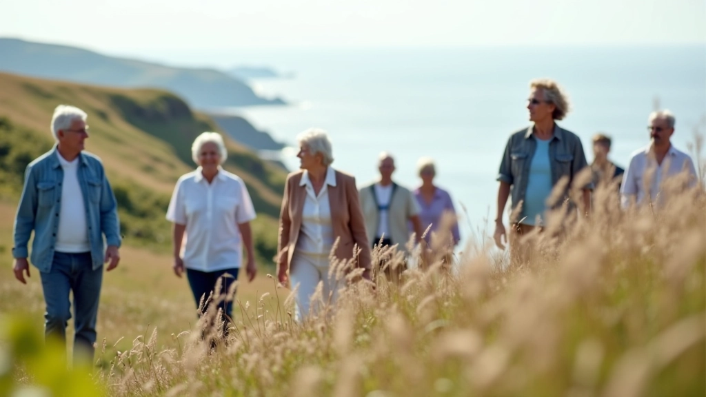 Grupa senioru baudē pārgājiens pa piejūras stāvkrastu, mierīga atmosfēra